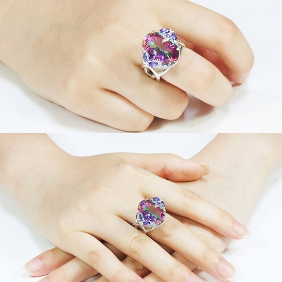 Mystic Fire Rainbow Quartz CZ Sterling Silver Ring - Picture 2 of 8